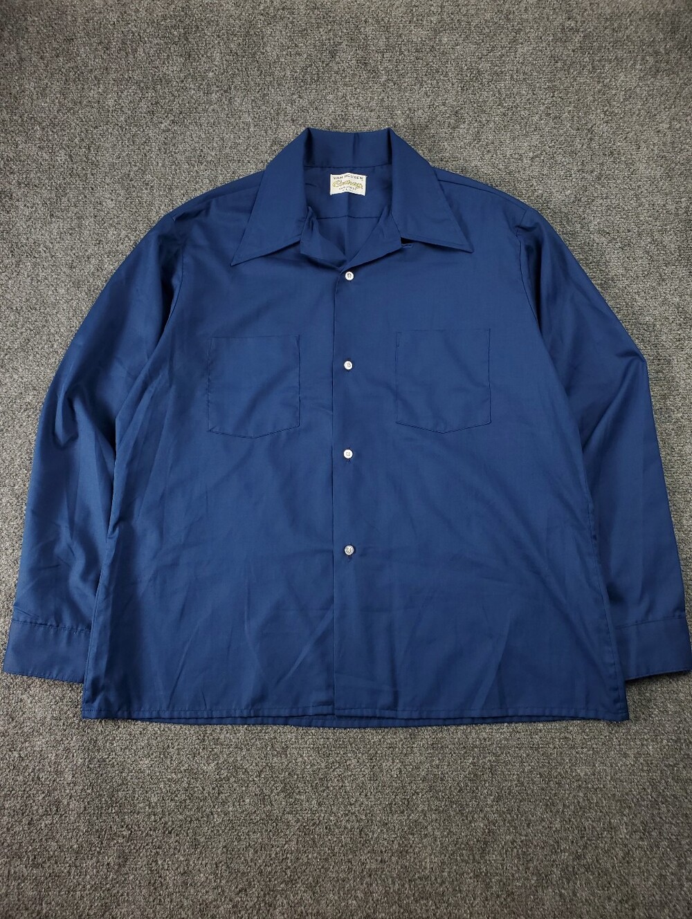 Vintage 60s Van Heusen Loop Collar Shirt Century VanoPress Large Rockabilly Blue - Picture 2 of 9
